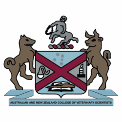 Coat of arms logo for the Australian and New Zealand College of Veterinary Scientists featuring animals and scientific symbols