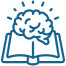 Blue outline icon of an open book with a glowing brain above it, symbolizing knowledge, learning, and cognitive development, on a transparent background.