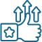 Blue outline icon of a thumbs up with three upward arrows and a star badge, symbolizing improvement, approval, or performance growth, on a transparent background.