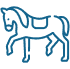 Blue outline icon of a saddled horse in walking motion, on a transparent background.