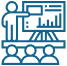 Blue icon of a person giving a presentation to an audience with charts and graphs on a screen, on a transparent background.