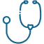 Blue outline icon of a stethoscope, symbolizing medical care or healthcare services, on a transparent background.
