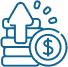 Blue outline icon of stacked coins with an upward arrow and dollar sign, representing financial growth or investment return, on a transparent background.