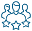 Blue outline icon of three people with three stars in front, symbolizing a high-quality team or customer satisfaction, on a transparent background.