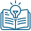 Blue outline icon of an open book with a lightbulb above the pages, symbolizing knowledge and new ideas, on a transparent background.