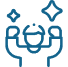 Blue outline icon of a person raising arms with sparkles above, symbolizing celebration, achievement, or satisfaction, on a transparent background.