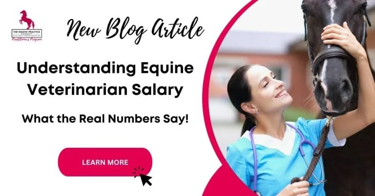 Female equine veterinarian smiling at a horse, promoting a blog post about veterinarian salary insights