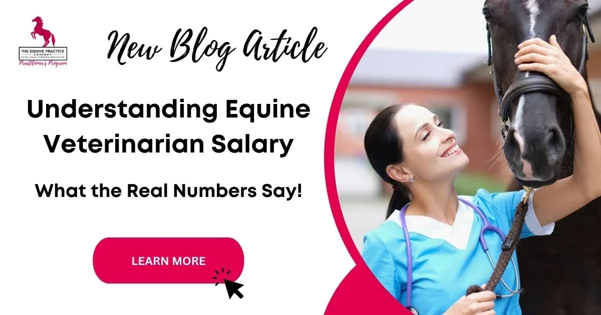 Female equine veterinarian smiling at a horse, promoting a blog post about veterinarian salary insights