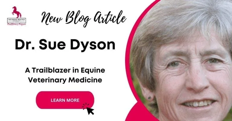 Promotional blog banner featuring Dr. Sue Dyson with text announcing a new article on her impact in equine veterinary medicine