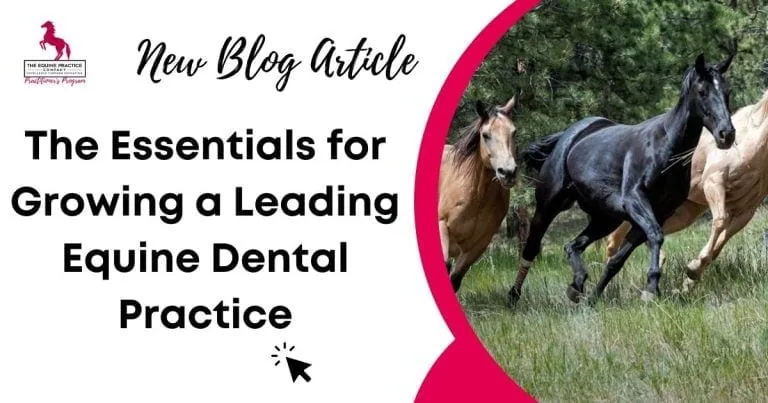 Blog banner featuring running horses promoting essentials for building a successful equine dental practice
