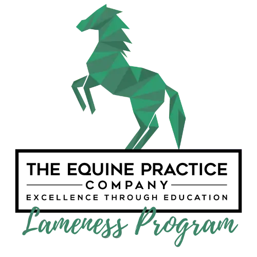 The Equine Practice Company green polygonal horse logo with "Lameness Program" branding and "Excellence Through Education" tagline.