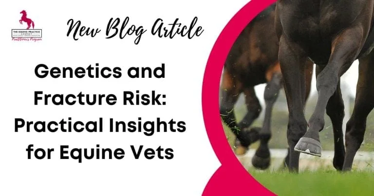 Promotional blog graphic featuring galloping horse legs with overlay text highlighting equine genetics and fracture risk for veterinarians.
