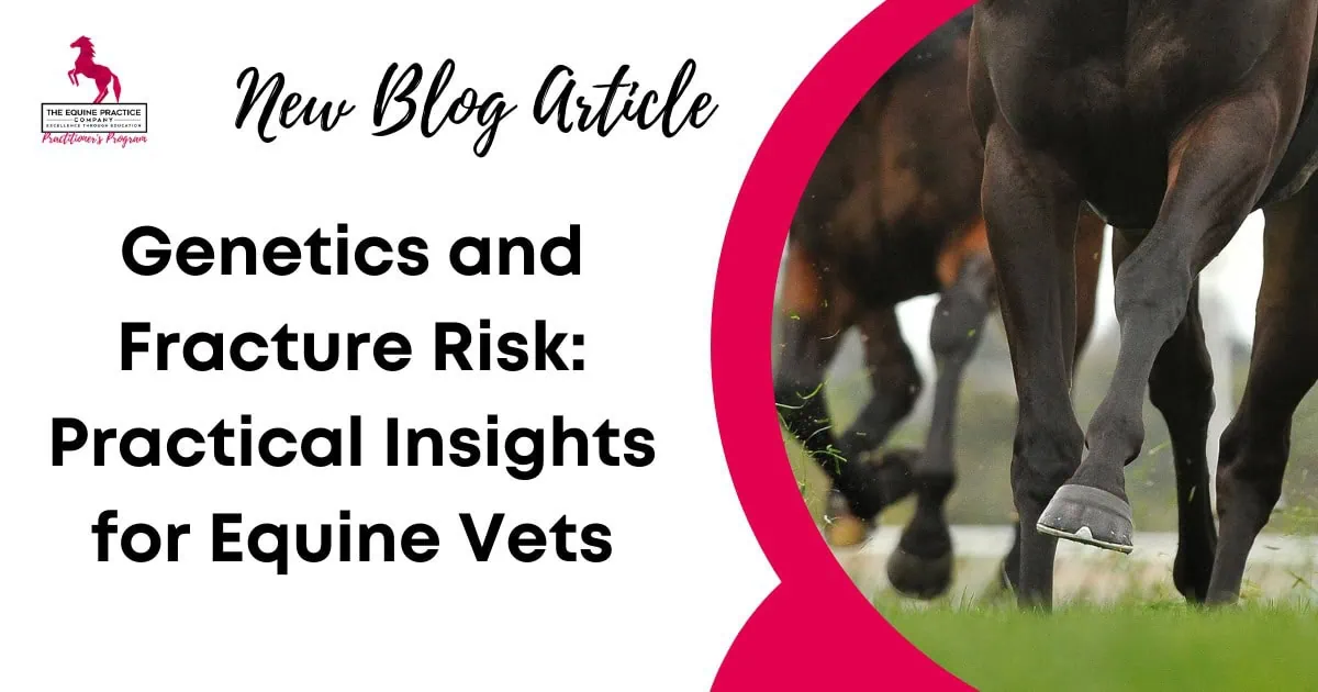 Promotional blog graphic featuring galloping horse legs with overlay text highlighting equine genetics and fracture risk for veterinarians.