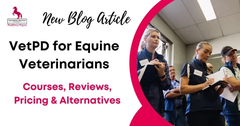 VetPD for equine veterinarians, featuring veterinary professionals participating in a practical learning session, with information about courses, reviews, pricing, and alternative education options.