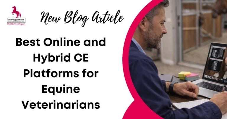 Promotional graphic for a blog article about the best online and hybrid continuing education platforms for equine veterinarians, featuring a veterinarian reviewing equine ultrasound images on a laptop.