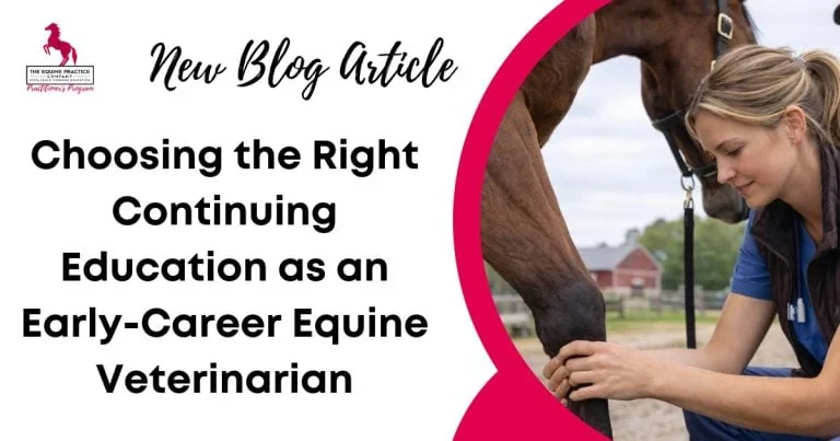 Promotional graphic for a blog article on choosing continuing education as an early-career equine veterinarian, featuring a veterinarian examining a horse’s lower leg.
