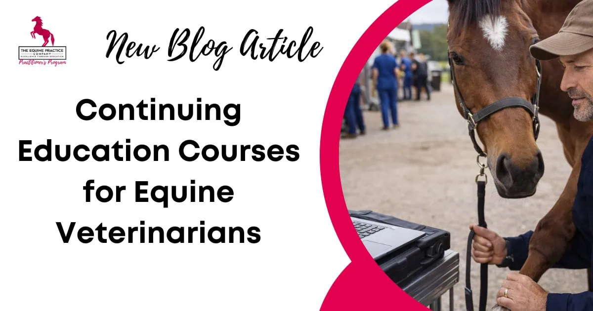 Blog banner promoting continuing education courses for equine veterinarians, featuring a veterinarian with a horse at an outdoor veterinary setting.