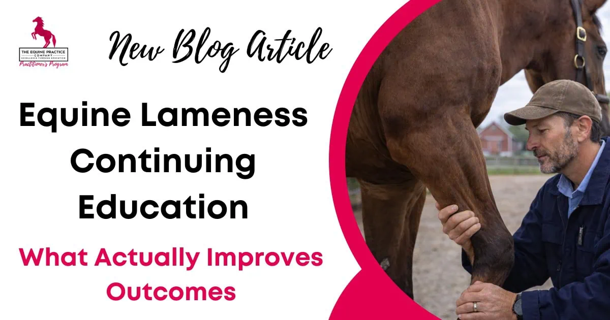 Promotional graphic for an equine lameness continuing education blog article featuring a veterinarian examining a horse's leg and the headline "What Actually Improves Outcomes."