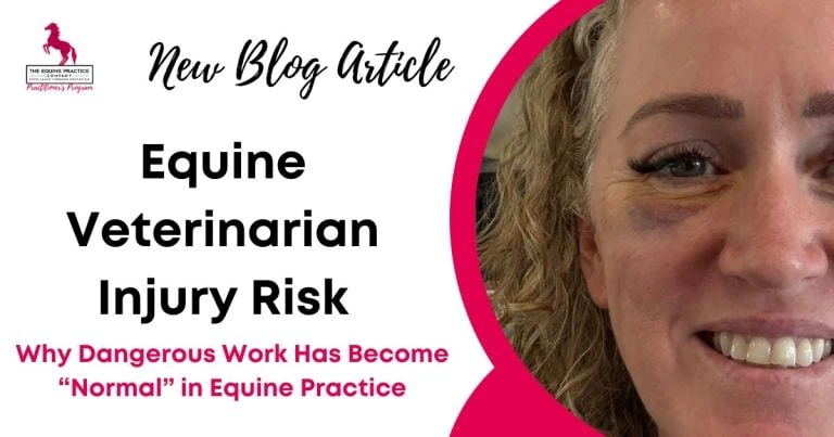 Promotional graphic for a blog article on equine veterinarian injury risk, featuring Dr Olivia James with visible facial bruising to highlight workplace safety challenges in equine practice.