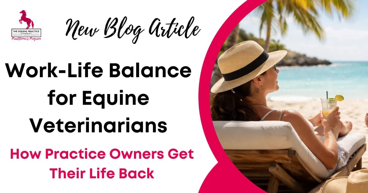 Promotional graphic for a blog article on work-life balance for equine veterinarians, featuring a person relaxing on a beach and the headline about helping practice owners regain balance.