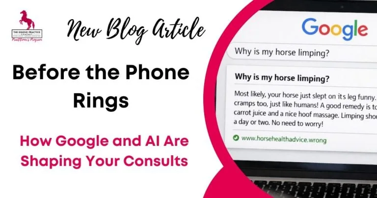 Promotional graphic for a blog article about how Google search and artificial intelligence are influencing equine veterinary consultations, featuring an online search about horse lameness.
