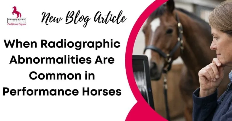 Promotional graphic for a blog article discussing radiographic abnormalities in performance horses, featuring a veterinarian reviewing diagnostic imaging with a horse in the background.