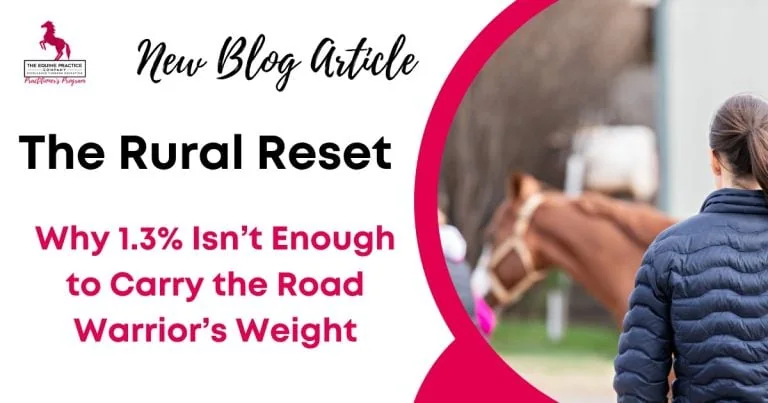 Graphic promoting a blog article about the rural equine veterinarian shortage and the challenges faced by rural horse practitioners.