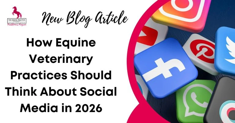 Blog article graphic about social media marketing strategies for equine veterinary practices featuring popular social media platform icons