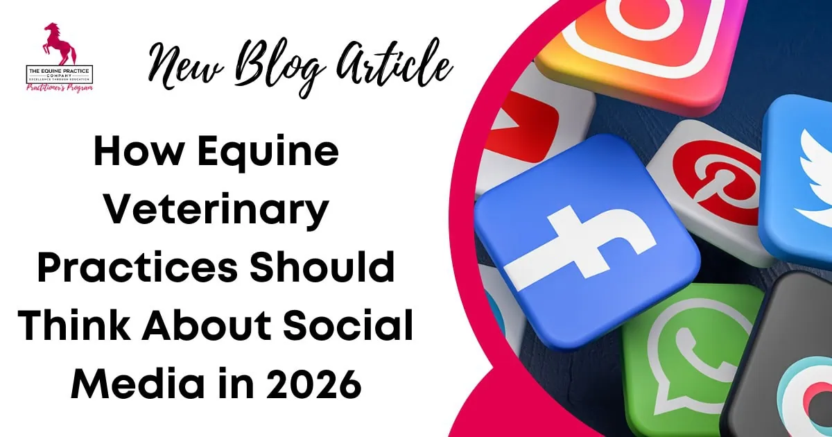 Blog article graphic about social media marketing strategies for equine veterinary practices featuring popular social media platform icons