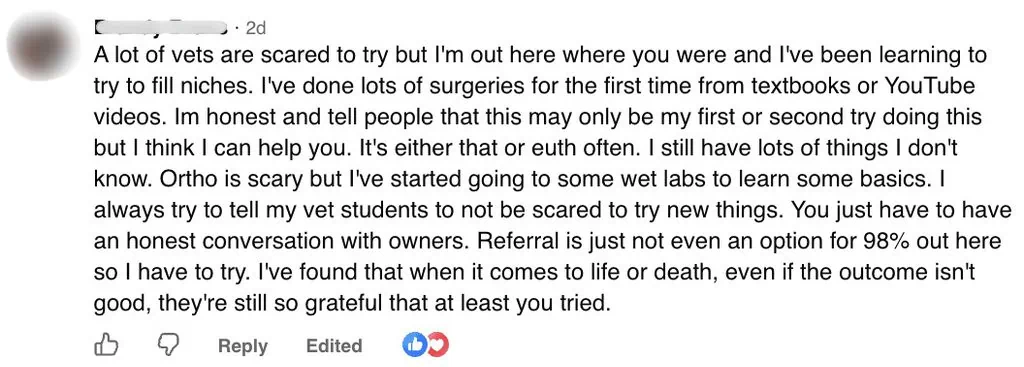 BE, veterinarian - on honesty with owners when stretching skill in rural practice.