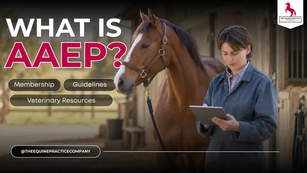 Equine veterinarian reviewing veterinary information beside a horse for an independent guide to AAEP.